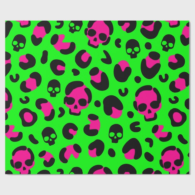 Schwarzer Leopardenschädel, rosa grüner Punk Geschenkpapier (Flach)