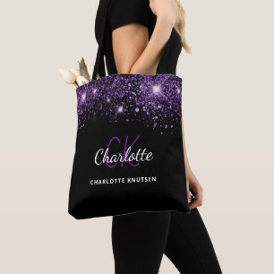 Schwarzer lila Glitterstaub-Monogramm-Initialen Tasche