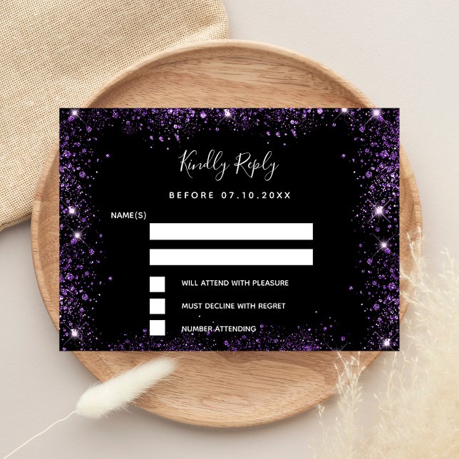 Schwarzer lila Glitzer Elegante Hochzeit UAWG Mitteilungskarte (Von Creator hochgeladen)