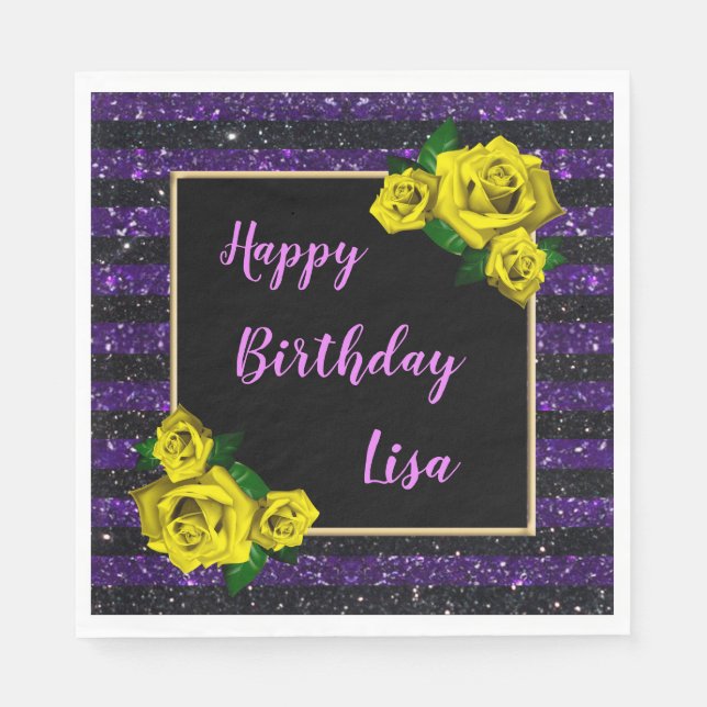 Schwarzer Lila Glitzer Streifen Gelbe Rosen Geburt Serviette (Vorderseite)