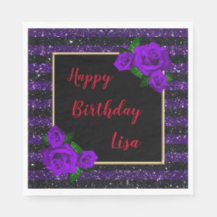Schwarzer Lila Glitzer Streifen Lila Rose Geburtst Serviette