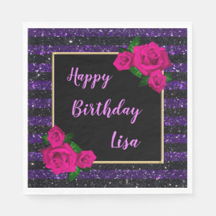 Schwarzer Lila Glitzer Streifen Rosa Rosen Geburts Serviette