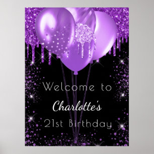Schwarzer lila Glitzer zum Geburtstag Begrüßungsba Poster