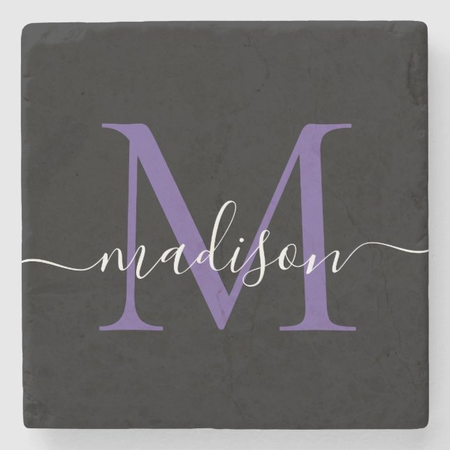 Schwarzer Lila Violet Monogram Feminine Script Nam Steinuntersetzer (Vorderseite)