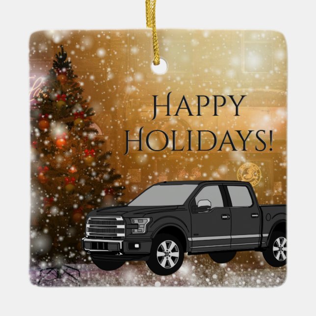 Schwarzer LKW in der Weihnachtsschneewelt Keramikornament (Vorderseite)