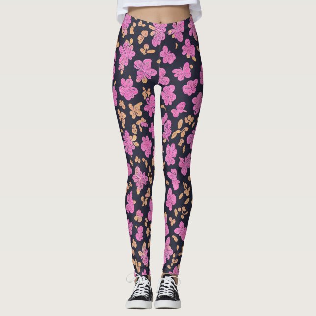Schwarzer Lulemon Rosa Schmetterlinge Leggings (Vorderseite)