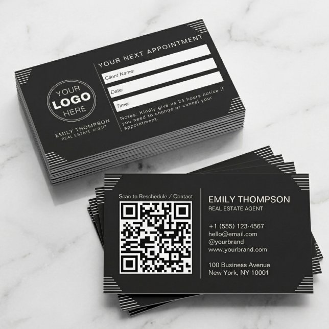 Schwarzer Luxus Art Deco QR Code Minimal Design Terminkarte (Luxury Black QR Code Appointment Card for Real Estate Branding)