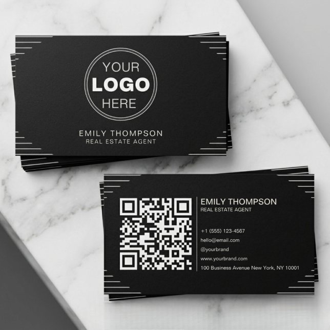 Schwarzer Luxus Art Deco QR Code Minimal Design Visitenkarte (Black Luxury Art Deco QR Code Minimal Design Business Card)