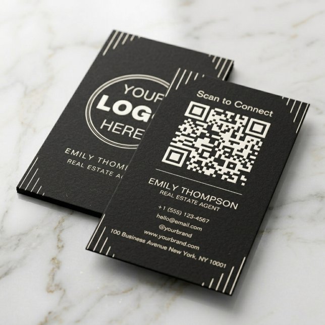 Schwarzer Luxus Art Deco QR Code Minimal Design Visitenkarte (Black QR Code Business Card | Minimalist Art Deco Branding)