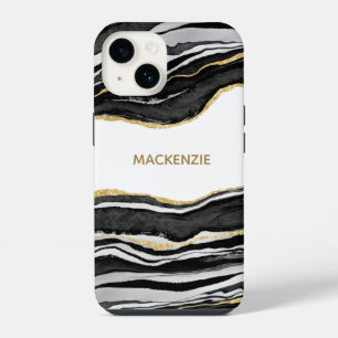 Schwarzer Marmor Achat Gold Glitter personalisiert iPhone 14 Hülle