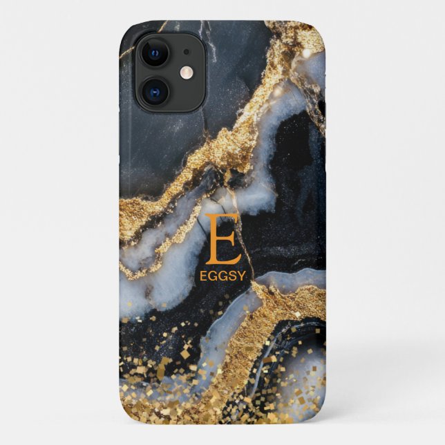 Schwarzer Marmor Chic Gold Glitter Monogramm Case-Mate iPhone Hülle (Rückseite)