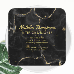 Schwarzer Marmor Gold Glitzer Elegante Vorder- und Quadratische Visitenkarte
