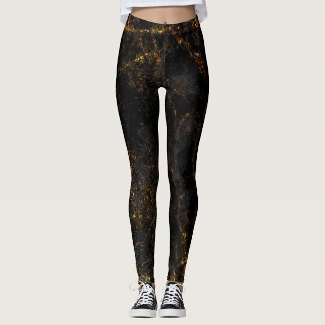 Schwarzer Marmor, goldene Adern, Textur. Leggings (Vorderseite)