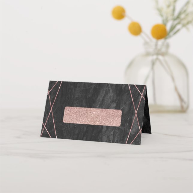 Schwarzer Marmor Rose Gold Linien Geo Tischsitze Platzkarte (Vorderseite)