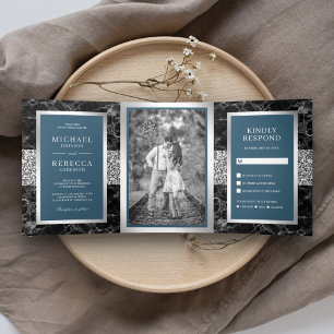 Schwarzer Marmor Silver Glitzer Dusty Blue Wedding Dreifach Gefaltete Einladung