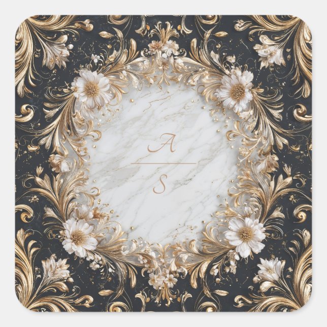 Schwarzer Marmor und Gold Floral Wedding Sticker (Vorderseite)