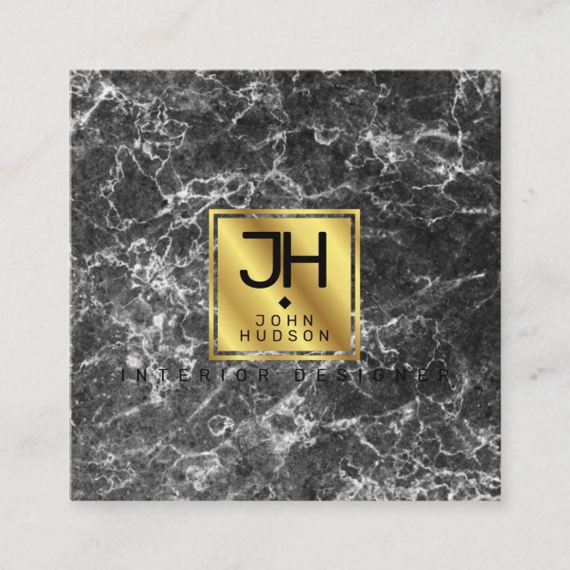 Schwarzer Marmor und Gold Modernes Monogram Square Quadratische Visitenkarte (Vorderseite)