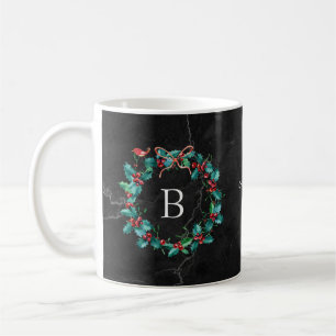 Schwarzer Marmormonogramm-WeihnachtsKranz Kaffeetasse