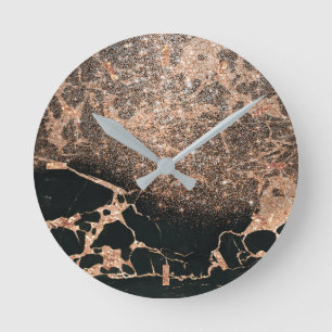 Schwarzer MarmorsteinRosen-Goldkupfer-Glitzer Runde Wanduhr