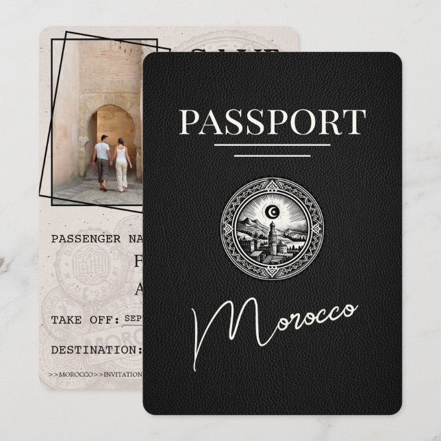 Schwarzer Marokko Reisepass Save The Date (Vorne/Hinten)