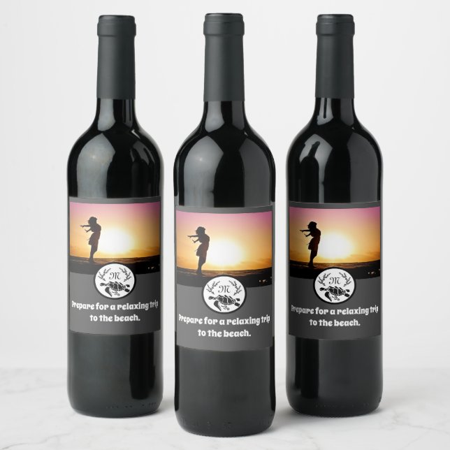 Schwarzer Meeresschildkröten-Silhouette-Monogramm- Weinetikett (Flaschen)