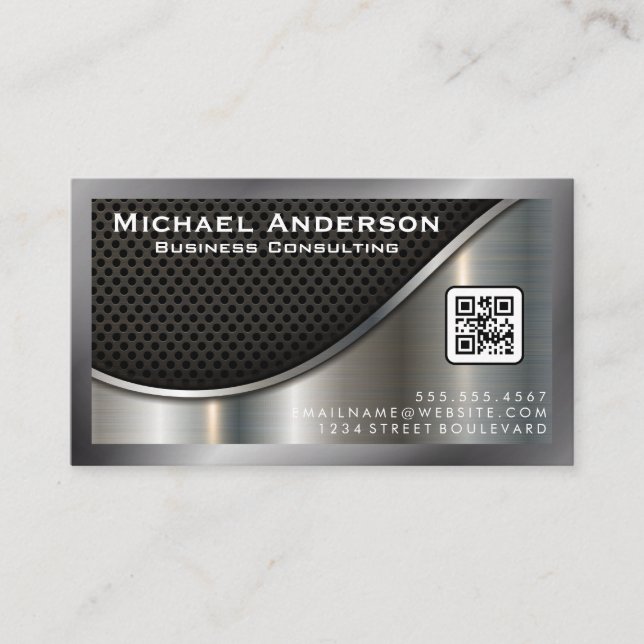 Schwarzer Mesh und metallisches Silber | QR-Code Visitenkarte (Vorderseite)