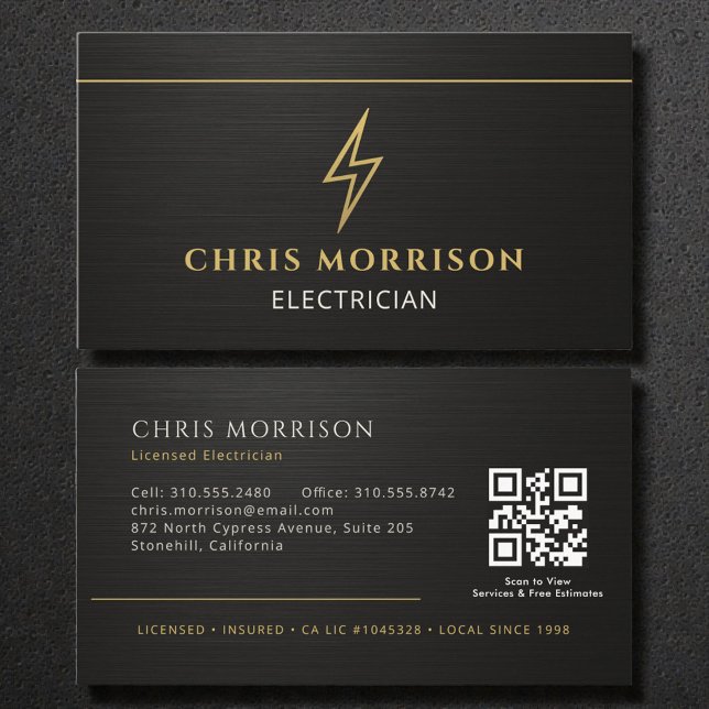 Schwarzer Metallischer QR-Code für Elektriker Visitenkarte (Von Creator hochgeladen)