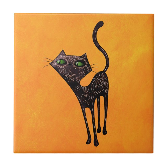 Schwarzer mexikanischer Tag der toten Katze Fliese (Vorderseite)