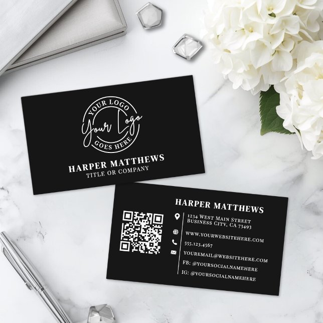 Schwarzer moderner minimalistischer professionelle visitenkarte (Black Modern Minimalist Professional Logo QR Code Business Card)