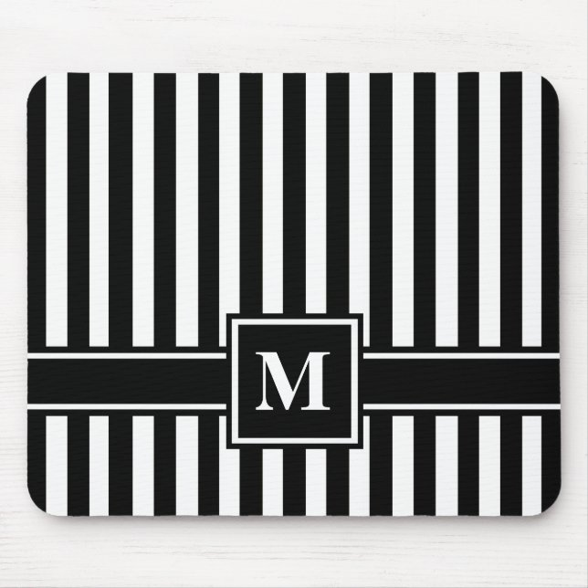 Schwarzer moderner Streifen mit Monogramm Mousepad (Vorne)