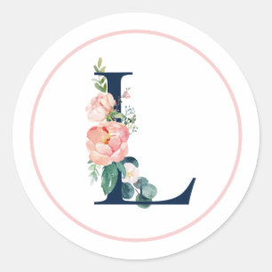 Schwarzer Monogram Letter L mit rosa Blume Runder Aufkleber