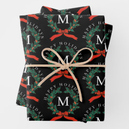 Schwarzer Monogramm-Kranz für personalisierte Feie Geschenkpapier Set