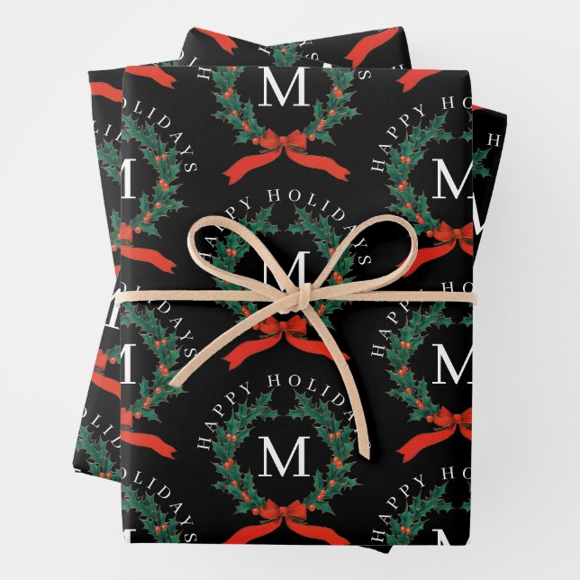 Schwarzer Monogramm-Kranz für personalisierte Feie Geschenkpapier Set (Beispiel)