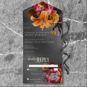 Schwarzer Moody Gothic Orange Lilieng Hochzeits-QR All In One Einladung