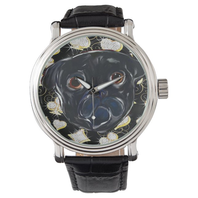 Schwarzer Mops Armbanduhr (Vorderseite)