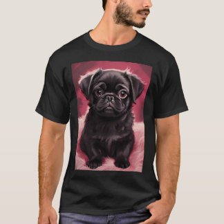 Schwarzer Mops auf rosa Plüschkissen T-Shirt