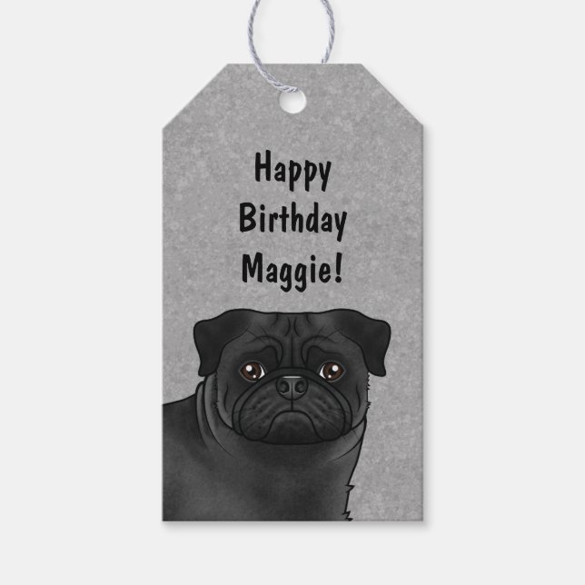 Schwarzer Mops Dog Nah-up Happy Birthday Gray Geschenkanhänger (Vorderseite)