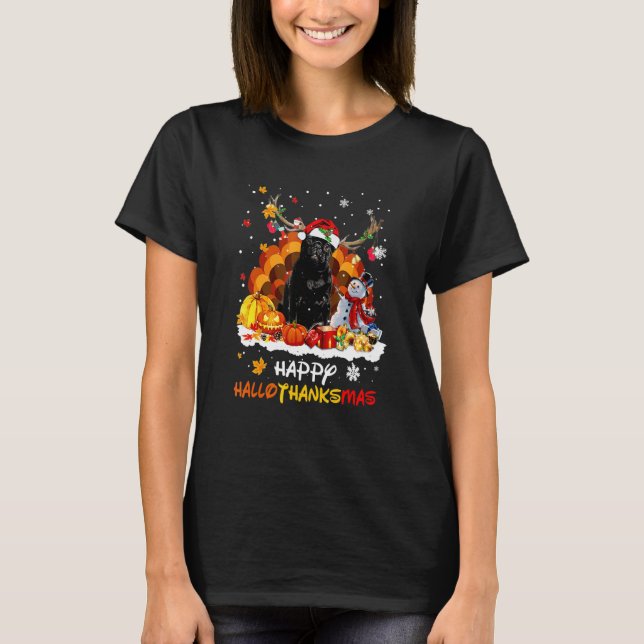Schwarzer Mops Frohe Hallothanksmas T-Shirt (Vorderseite)
