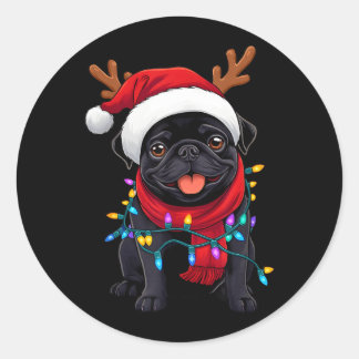 Schwarzer Mops-Hund-Baum-Weihnachtslichter-Xmas-Py Runder Aufkleber