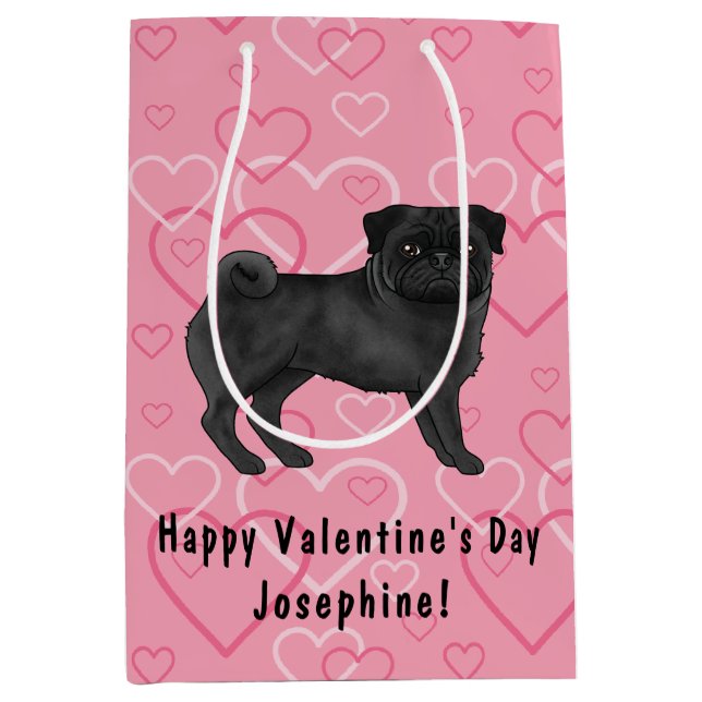 Schwarzer Mops Hund Cartoon Mops Liebe Herzmuster  Mittlere Geschenktüte (Vorderseite)