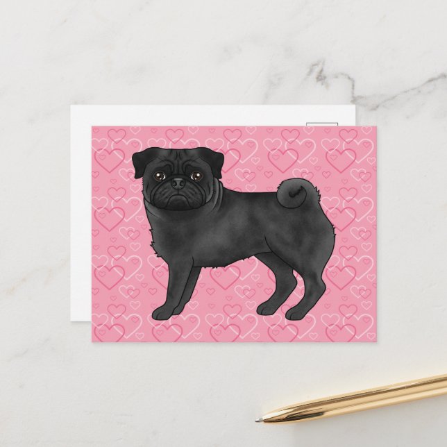 Schwarzer Mops Hund Cartoon Mops Liebe Herzmuster  Postkarte (Vorderseite/Rückseite Beispiel)