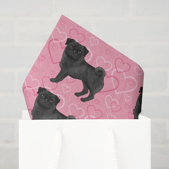 Schwarzer Mops Hund Cartoon Mops Liebe Herzmuster  Seidenpapier (Geschenktüte)