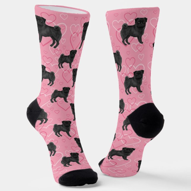 Schwarzer Mops Hund Cartoon Mops Liebe Herzmuster  Socken (Gewinkelt)