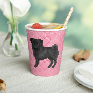 Schwarzer Mops-Hund Cartoon-Mops Liebesherzmuster Pappbecher