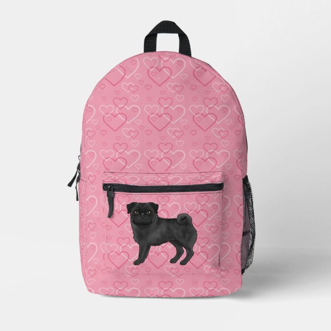 Schwarzer Mops Hund Cartoon Mops Rosa Liebe Herzmu Bedruckter Rucksack (Vorderseite)
