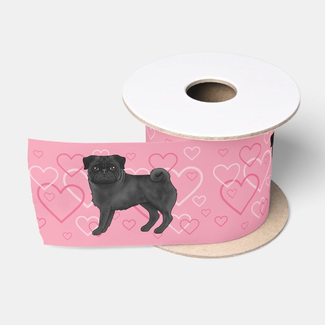 Schwarzer Mops Hund Cartoon Mops und Herz Muster r Satinband (Spule)