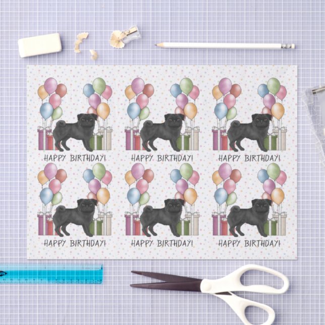 Schwarzer Mops Hund farbenfrohe Pastel Happy Birth Seidenpapier (Handwerk)