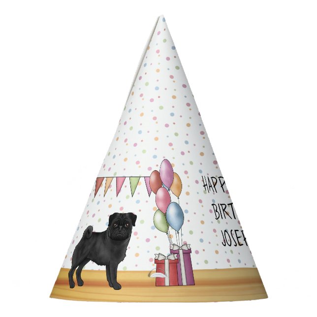Schwarzer Mops Hund farbenfrohe Pastelle glücklich Partyhütchen (Links)
