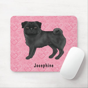 Schwarzer Mops-Hund mit süßen Mopsen und rosa Herz Mousepad