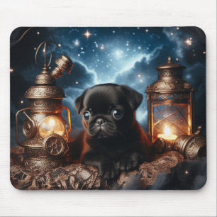Schwarzer Mops-Hund mit Vintage-Laternen-Mauspad Mousepad